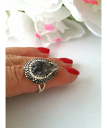 Silver natural stone Druzy cocktail ring with rhinestone Large Druzy wom... - $67.20 CAD