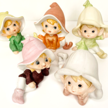 Homco Garden Pixie Elf Fairies Ceramic 4&quot; Figurines Flower Vtg 5213 Set Of 5 - £26.90 GBP