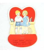 Vintage Valentine Die Cut Blonde Girl Boy Tennis Racket Soda Pop Red Hea... - £6.28 GBP