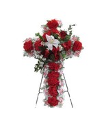 SILK RED FLORAL CROSS DELUXE for Cemetery and/or Funeral Presentation - £65.99 GBP