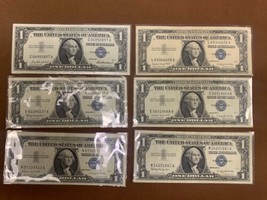 (6) $1 US Silver Certificate Bank Note - 1957 Series A,B. All Crisp Notes - £99.55 GBP