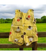Vtg Young-Mate Japan Yellow White Gingham Brown Chicken Flowers Romper 1... - $31.53 CAD