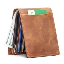 New Top Layer Cowhide Short Wallet, Genuine Leather RFID Change Clip, crazy hors - £64.30 GBP