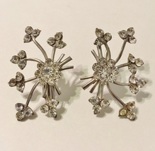 Vintage Floral Earrings Clear Rhinestone Star Burst Silver Tone Metal Sc... - $30.00