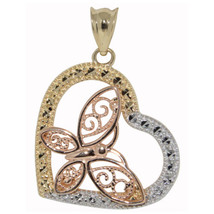 Genuine 14k Tri-tone Gold 0.98&quot; Diamond-cut Butterfly Heart Pendant For Women - £170.60 GBP