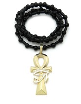 Egyptian Ankh Cross &amp; Eye of Heru Pendant 8mm/30&quot; Wooden Chain Necklace RC3783 - £12.97 GBP
