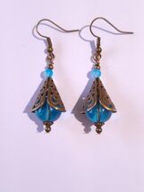 Blue Agate bronze earrings Victorian earrings blue glass blue Agate earr... - $47.88 CAD