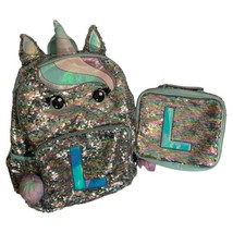 Justice Unicorn Sequin Girls Initial “L&quot; Backpack And Lunch Bag Preowned - £22.91 GBP