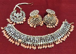 Mirror Jaipuri Peach Gold Plated Necklace Jhumka Earrings Tika Jewelry Set - $42.60