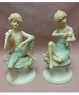 &quot;One With Nature&quot; Pair Teen Girl &amp; Boy Bisque Figurines 7&quot; Tall Pastel C... - $40.00