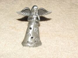 ANGEL HOLDING CROSS sm silver metal gown w/flowers &amp; stars (office shelf) - $3.60