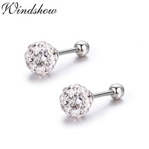 Cute White Crystals Round Ball 925 Sterling Silver Screw Back Stud Earrings For  - £13.23 GBP