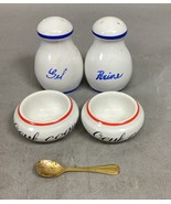 2 Salt And Pepper Shakers (China) &amp; 2 Salt Cellars (France) &amp; 1 Gold Spoon - $14.84