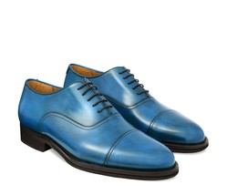 New Oxford Handmade Leather Sky Blue  color Cap Toe Shoe For Men&#39;s - $159.00