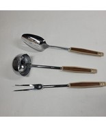 Vtg  Faux Wood Grain MCM Kitchen Utensil Set 3 Ladle Serving Fork Slotte... - $13.94