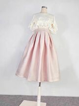 PINK A-line Pleated Midi Skirt Outfit Women Plus Size Taffeta Holiday Skirt  image 5