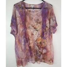 Chicos 2 Floral Lace Top Womens L 12 Short Sleeve Scoop Neck Pink Purple Stretch - £11.50 GBP
