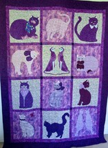 NEW Cat Quilt in Purple Hand Applique Machine Quilted 12 Different Cats ... - £107.51 GBP