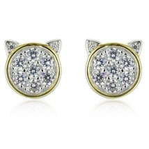14k Yellow Gold Plated Round Micro Pave Cubic Zirconia Lucky Cat Stud Earrings - £32.75 GBP
