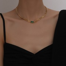 Fashion Stainless Steel Jewelry Set Gold Color Green Crystal Square Pendant Neck - £27.11 GBP
