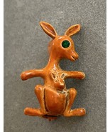 Vintage Kangaroo Brooch w/ Joey Baby In Pouch Painted Enamel Green Cryst... - £9.42 GBP