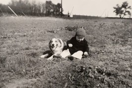 Small Antique Photograph of Little Boy with Collie or Shepherd Type Dog on Farm - £5.14 GBP