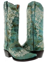 Womens Western Cowboy Boots Turquoise Leather Floral Embroidered Snip Toe Botas - £99.89 GBP