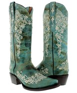Womens Western Cowboy Boots Turquoise Leather Floral Embroidered Snip To... - €103,14 EUR