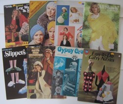 8 Vtg Knitting Leaflet Booklets Leg Warmers Shawl Slippers Bags Hats Sca... - $12.36