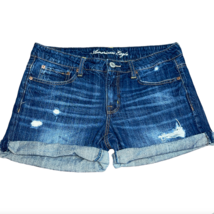 Womens American Eagle Dark Distressed Rolled Booty Jean Shorts Size 8 - £12.81 GBP