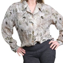 Retro 90s M/L Silk Cream Nature Leaf Print Button Up Blouse Longsleeve Top Shirt - $38.62