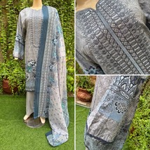 Pakistani Light Gray Printed Straight Shirt 3-PCS Lawn Suit w/ Threadwor... - $926.71 MXN