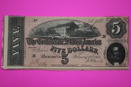 Crisp AU/UNC 1864 Confederate States of America $5 Five Dollars Authenti... - $94.99