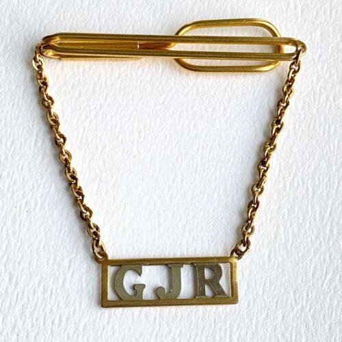 SWANK Monogram GJR Initials Name Letter Gold Tone Vintage Pendant Tie Bar Clip - $28.95