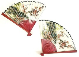 Oriental Wood Floral Delicate Paper Fans 10 1/2&quot; Set Of 2 New - £9.17 GBP