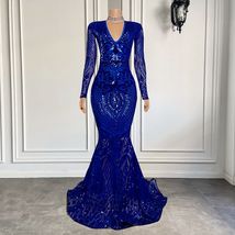 Sparkly Applique Prom Dresses Long Sleeve V Neck Royal Blue Formal Evening Gown  - £159.07 GBP