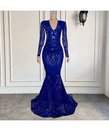 Sparkly Applique Prom Dresses Long Sleeve V Neck Royal Blue Formal Eveni... - £157.70 GBP