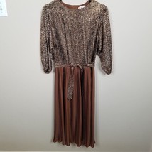 R &amp; K Originals Dress Womens 8 Vintage 80s Gold Metallic Top Brown Pleated Skirt - £27.29 GBP