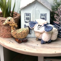 Wooly Sheep &amp; Textile Plush Duck w/Spool Feet Cottagecore Handmade Vintage - £13.23 GBP