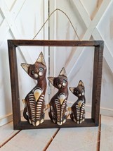 Vintage Folk Art Hand Carved &amp; Painted Cat Trio  On A 12x12 Square Boxed... - $41.58