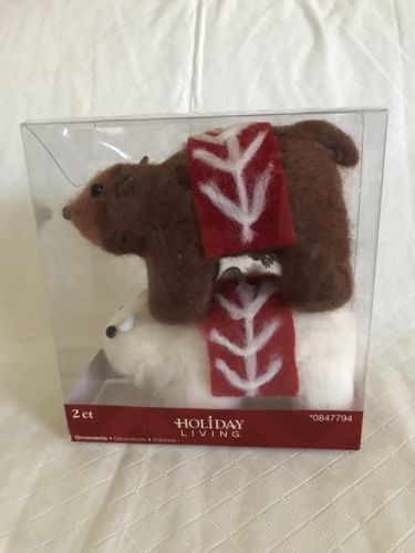 Holiday Living 2 Ct Plush Bear Christmas Tree Ornaments Polar & Brown Bear NIB - $14.99