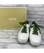 Michael Kors Poppy Lace Up Lasered Sneaker Leather Optic White Green Siz... - $81.26