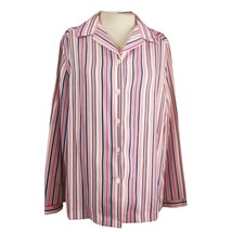Vintage 70s Pink Blue and White Striped Polyester Blouse Size Large - £19.55 GBP
