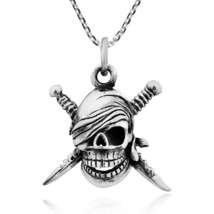 Edgy Pirate Skull &amp; Crossed Swords Sterling Silver Necklace - £26.80 GBP