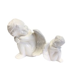 2 Angel Cherub Figures Head on Arms Knees Wings 5 &amp; 3in Tall Off White VTG - £32.03 GBP