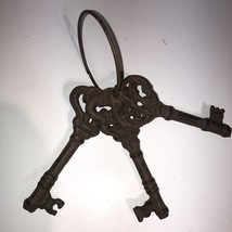 3 Victorian Keys on Keyring Skeleton Church Key rustic brown Cast Iron w... - £10.08 GBP