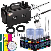 Double Outlet Airbrush Compressor With 1L Air Tank &amp; 2X Airbrushes Kit W... - $251.99