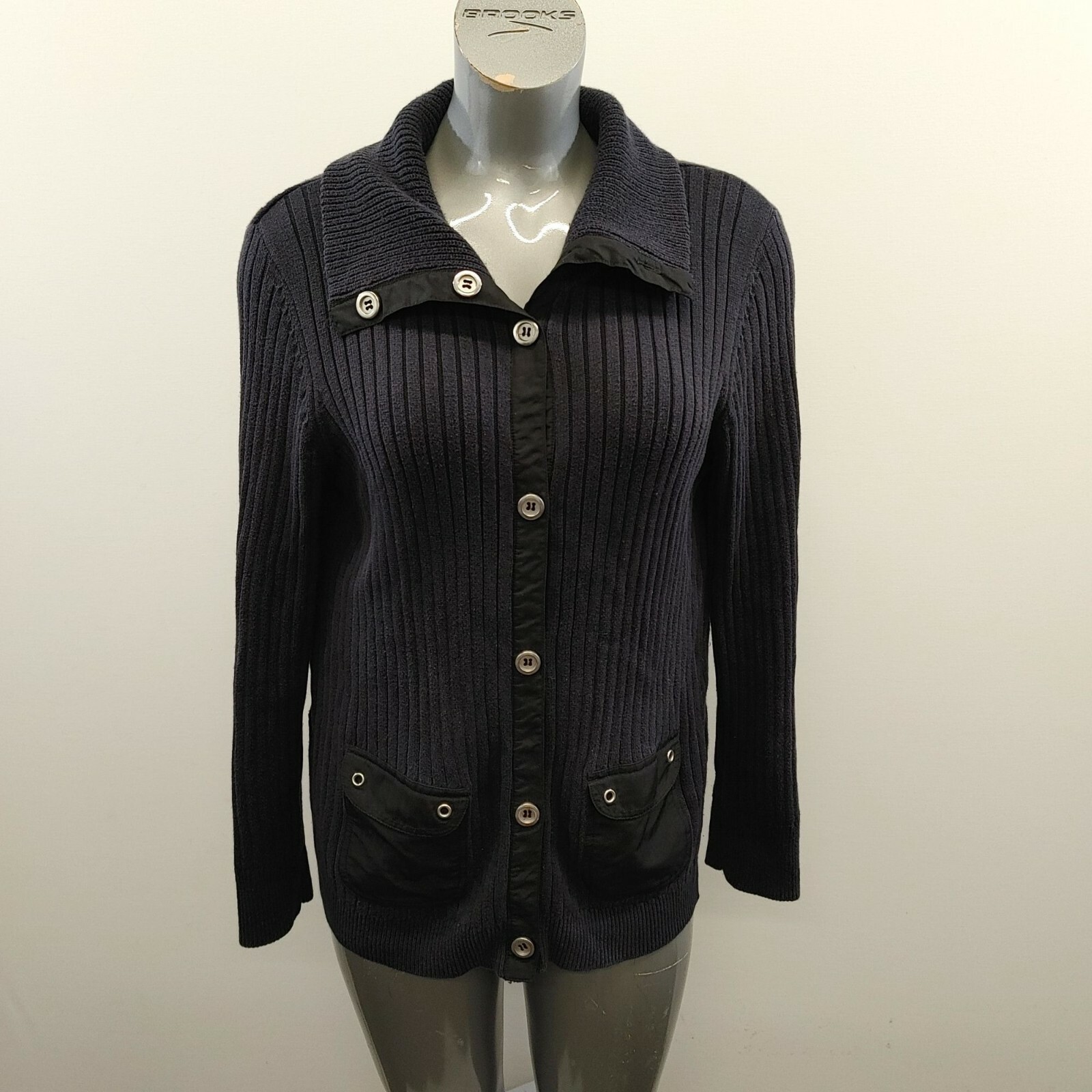 Alia Button Up Sweater Women&#39;s Large Ribbed Blue Long Sleeve Mock Neck C... - $7.92