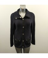 Alia Button Up Sweater Women&#39;s Large Ribbed Blue Long Sleeve Mock Neck C... - $7.92