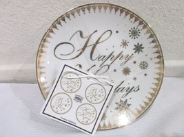 222 Fifth HAPPY HOLIDAYS Christmas Gold Ceramic Appetizer Plates Set of 4 - £21.67 GBP